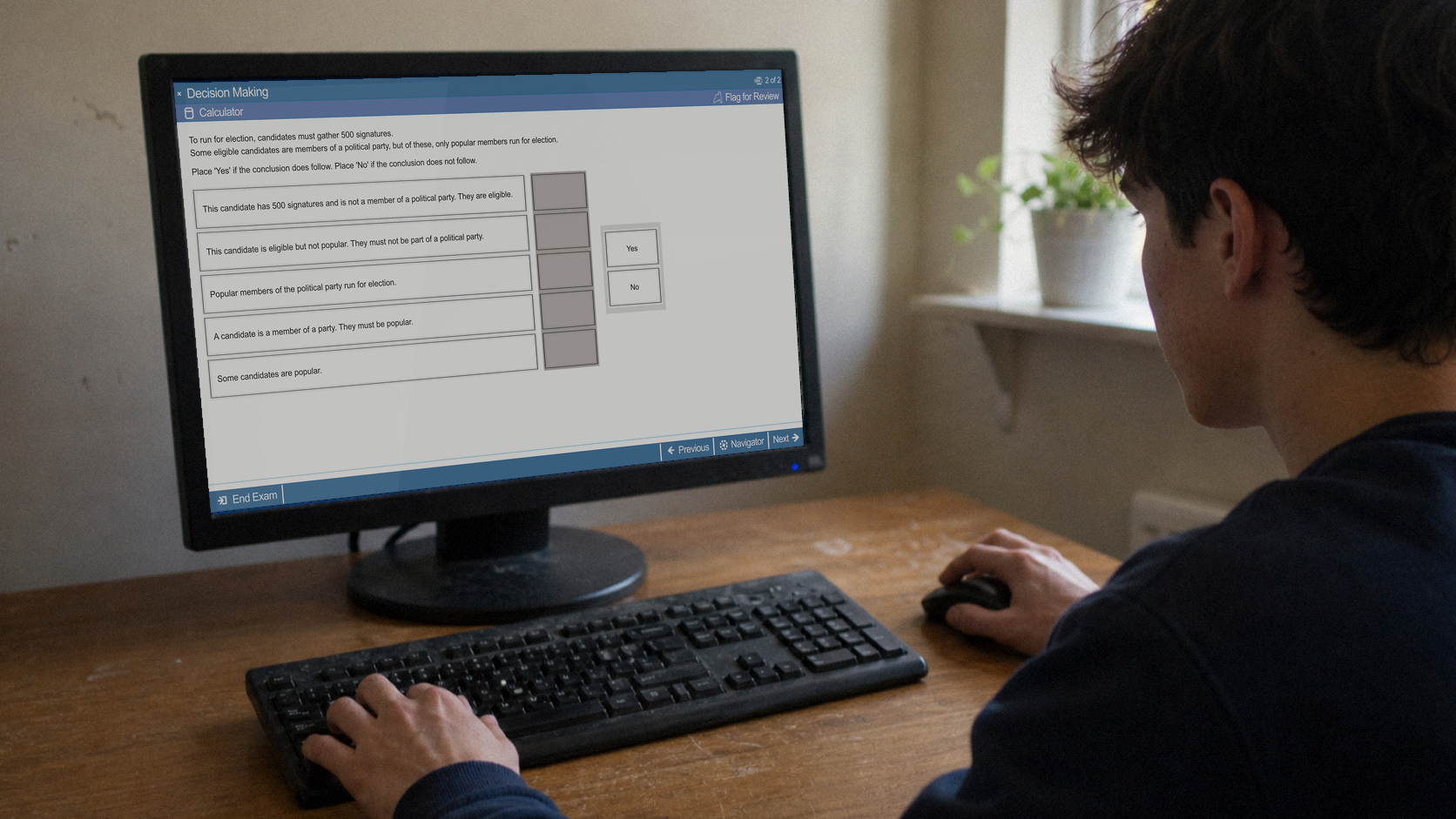 Student using an exam-style Ignite practice interface on a desktop monitor